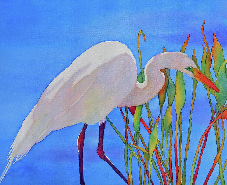 Egret in the Reeds Painting by Judy Mercer
