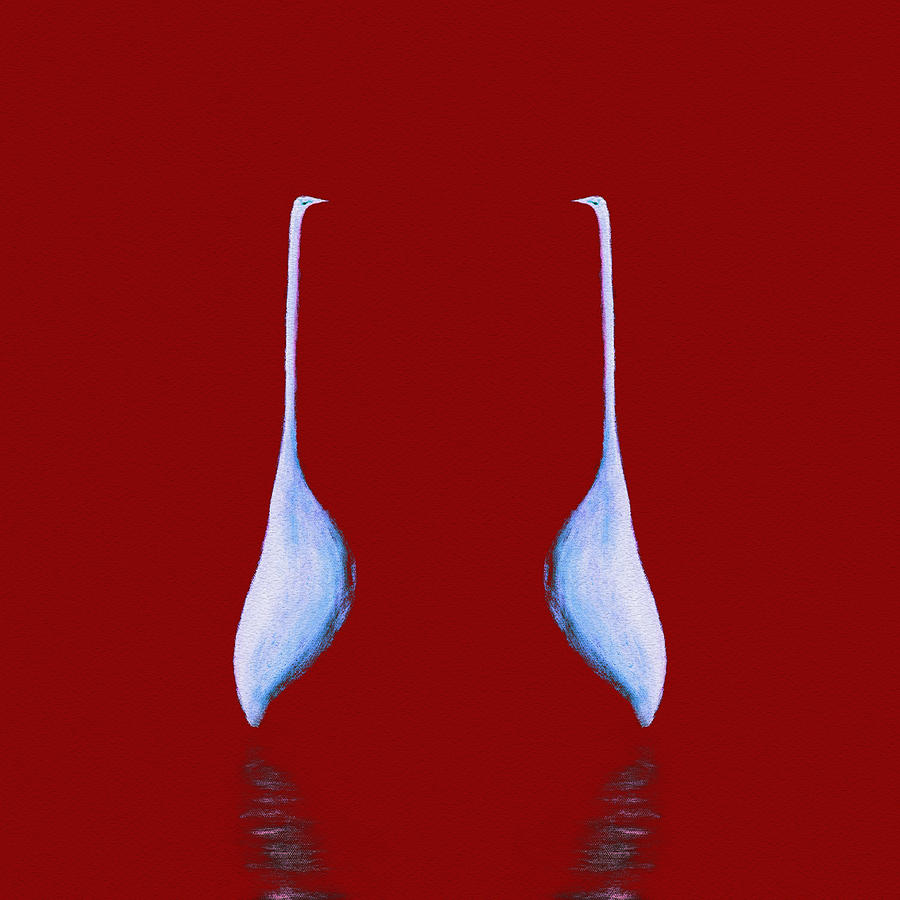 Egret Mirrored On Red Square Painting