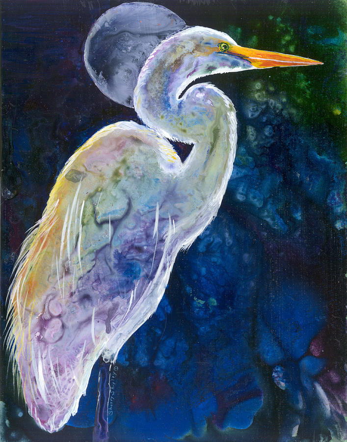 Egret Painting - Egret Moon by Sherry Shipley