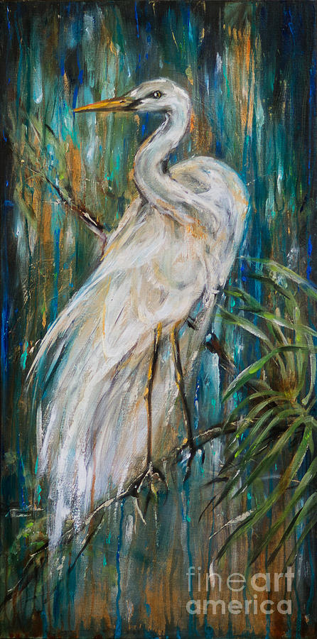 Egret Near Waterfall Painting by Linda Olsen