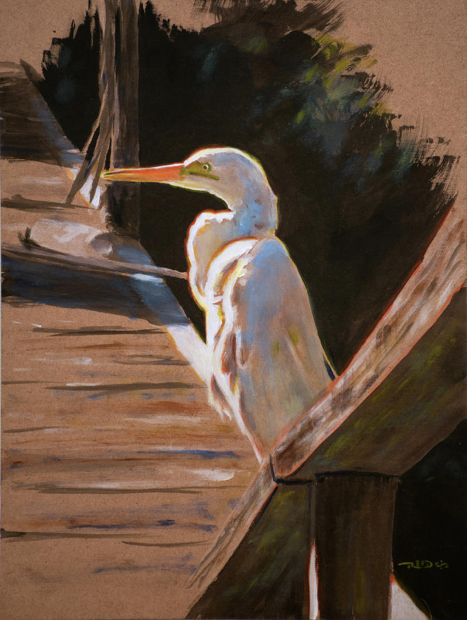 Egret On Dock Painting by Christopher Reid
