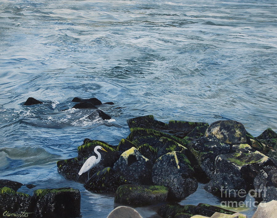 Egret Painting - Egret on shore of Barnegat Bay by Barbara Barber