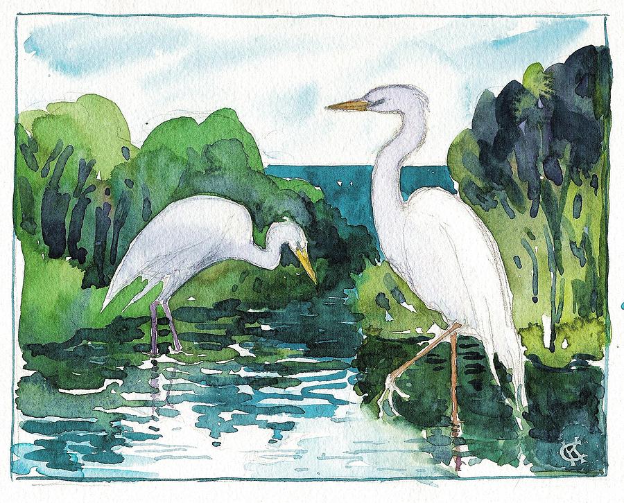 Egret Pair Painting by Catinka Knoth