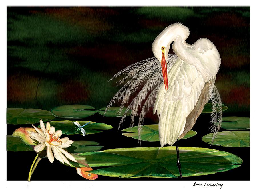 Egret Pruning in Lily Pads Painting by Anne Beverley-Stamps