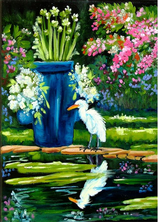 Egret visits goldfish pond Painting by Carol Allen Anfinsen
