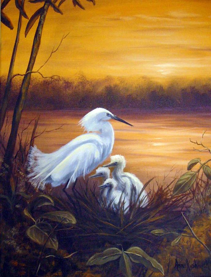 Egret with Chicks Painting by Anne Kushnick