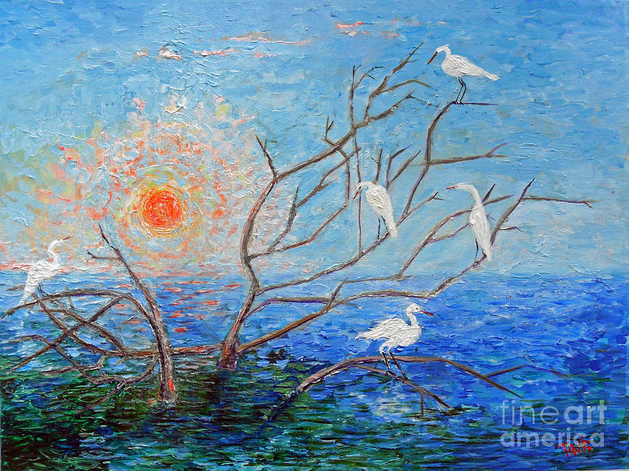 Bird Painting - Egrets at Sunrise by Doris Blessington