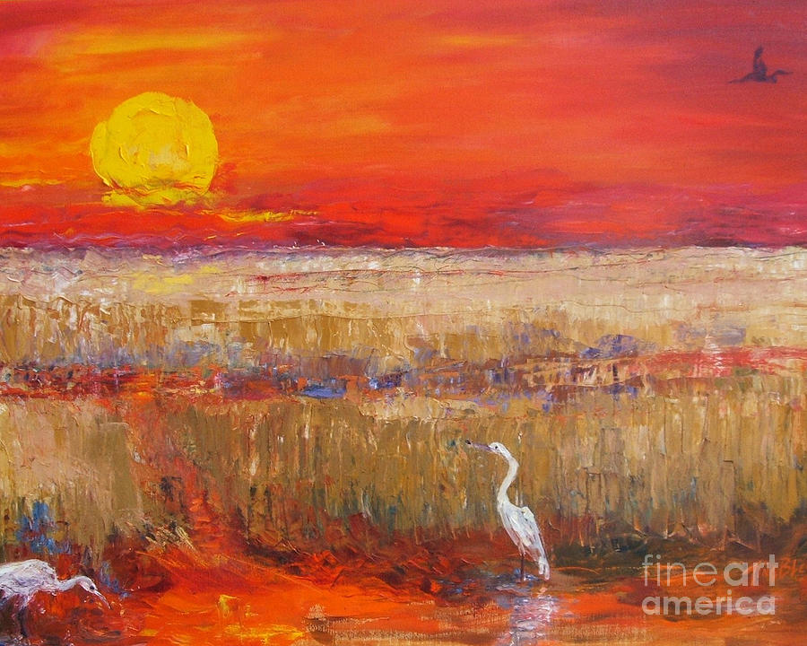 Sunset Painting - Egrets at Sunset by Doris Blessington