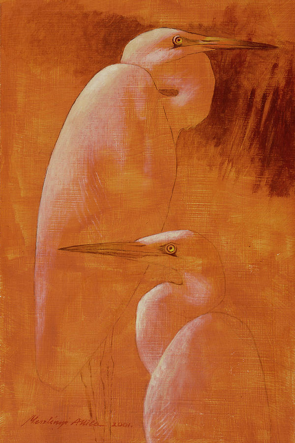 Egrets Painting by Attila Meszlenyi