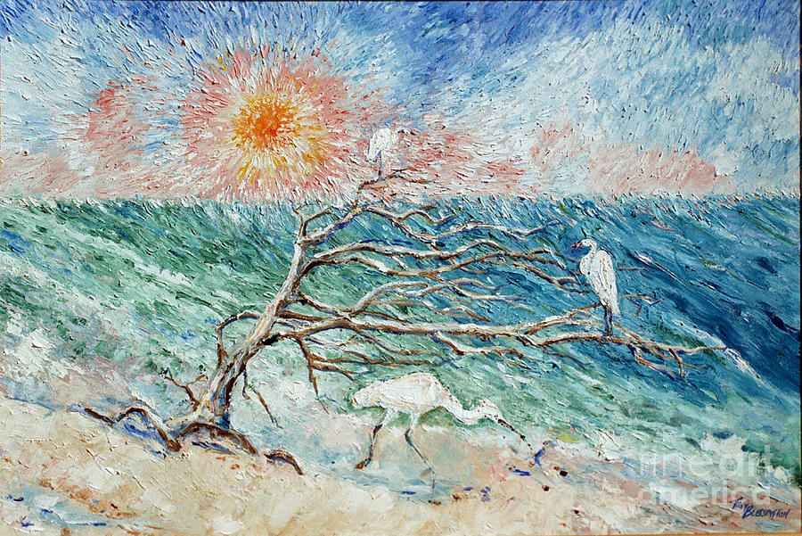 Egrets fishing at Sunrise Painting by Doris Blessington