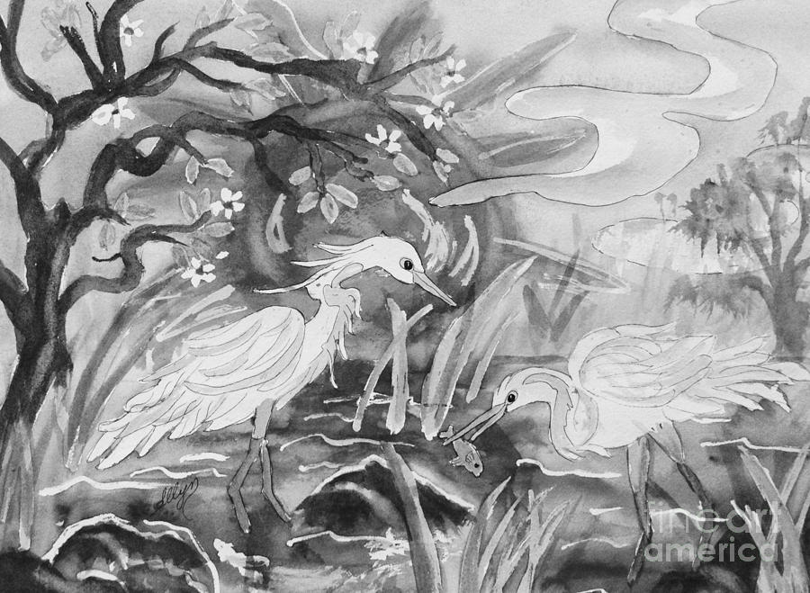 Egrets Fishing at Sunset - BW Painting by Ellen Levinson