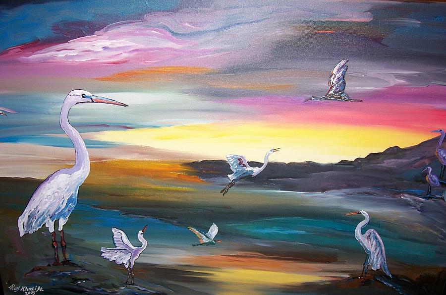 Egrets in flight Painting by Ray Khalife
