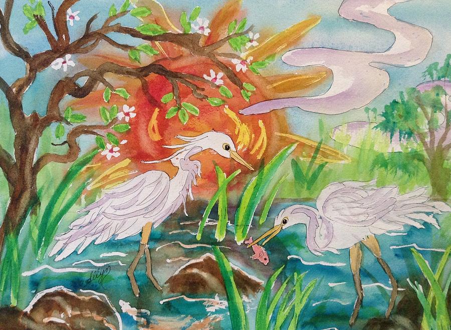 Egrets Fishing At Sunset Painting by Ellen Levinson