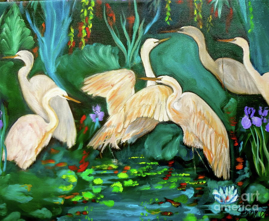 Egrets on Lotus Pond Painting by Jenny Lee