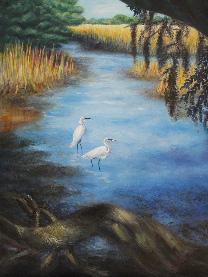 Egrets on the Ashley at Charles Towne Landing Painting by Pamela Poole