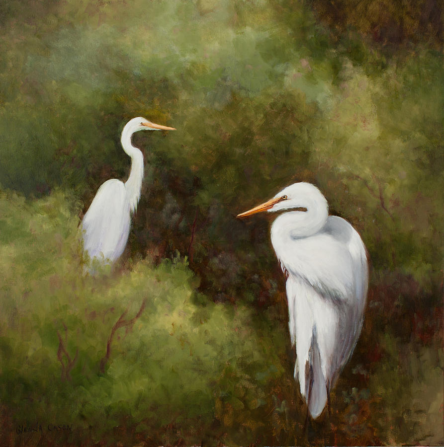 Egrets Roosting Painting by Glenda Cason
