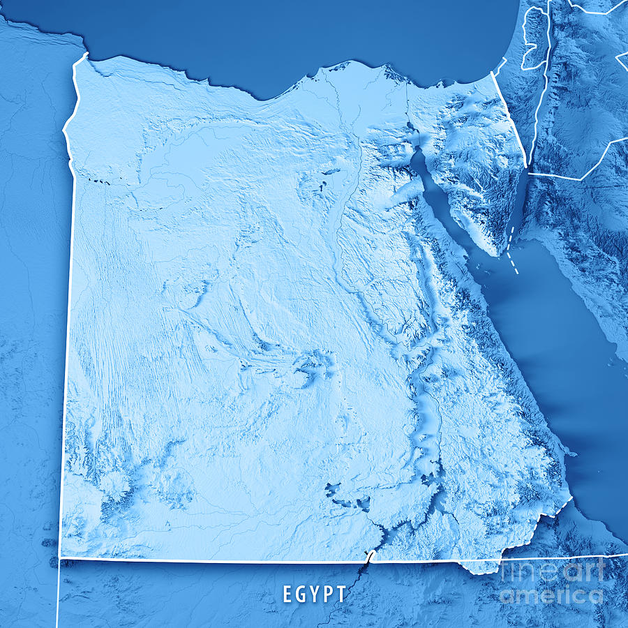 Desert Digital Art - Egypt 3D Render Topographic Map Blue Border by Frank Ramspott