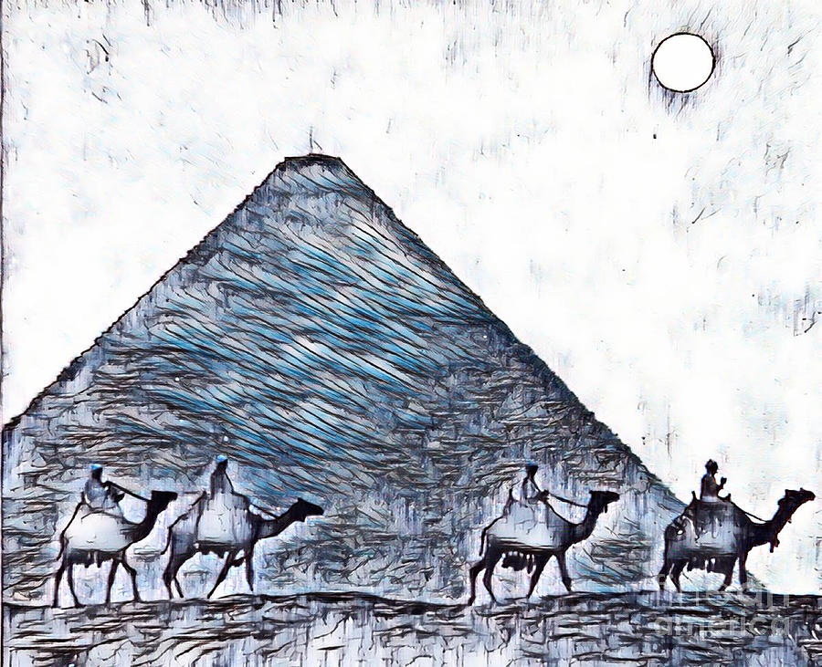 Camel Mixed Media - Egyptian Pyramids in Blue by John Malone