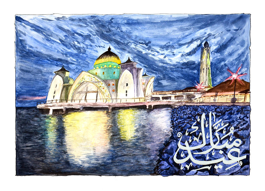 Eid Greeting Card Masjid Selat Melaka of Malaysia Painting by Rafay Zafer