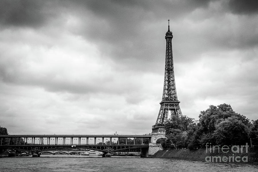 Eiffel Tower And Bridge At The Seine River, Paris, Bk Wt Photograph by ...