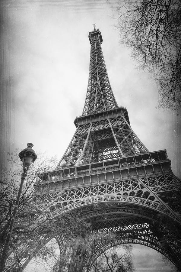 Eiffel Tower and Lamp Post BW Photograph by Joan Carroll