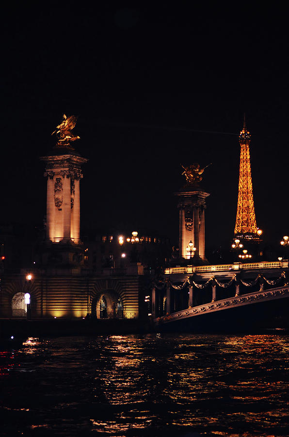 Eiffel Tower and Pont Alexander at Night from the Seine River Paris France Photograph by Shawn OBrien