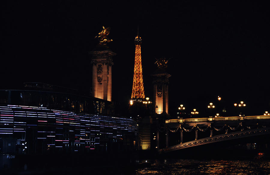 Eiffel Tower and Pont Alexander Columns at Night from the Seine River Paris France Photograph by Shawn OBrien