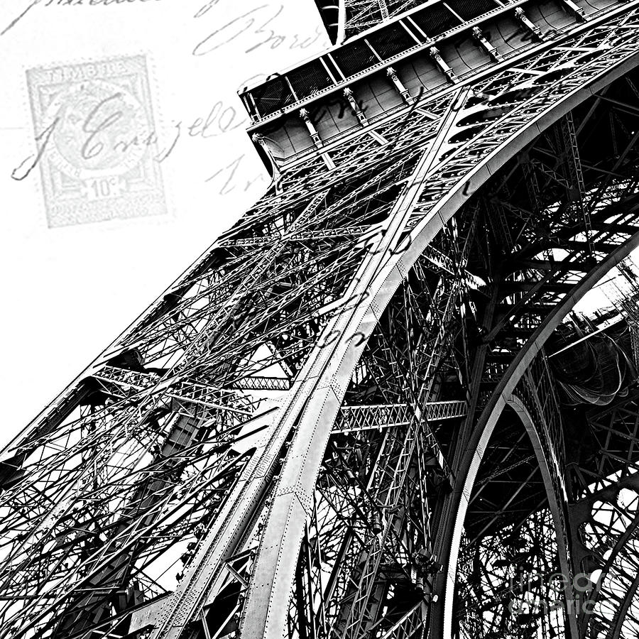 Eiffel Tower Black White Structure Architecture Closeup Eiffel Tower French Script  Photograph by Kathy Fornal