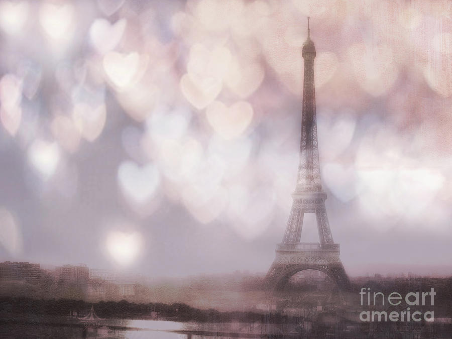 Eiffel Tower Ethereal Surreal Dreamy Romantic Bokeh Hearts - Eiffel Tower Dreamy Romantic Art Photograph by Kathy Fornal