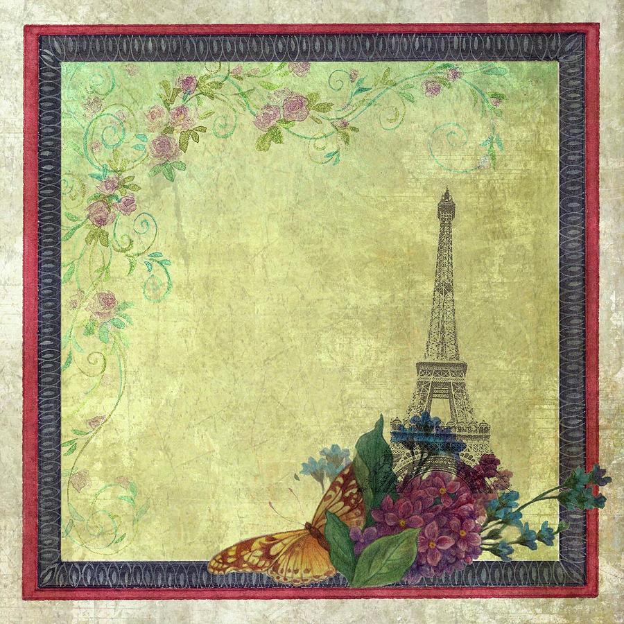 Eiffel Tower Faded Floral with Swirls Painting by Judith Cheng