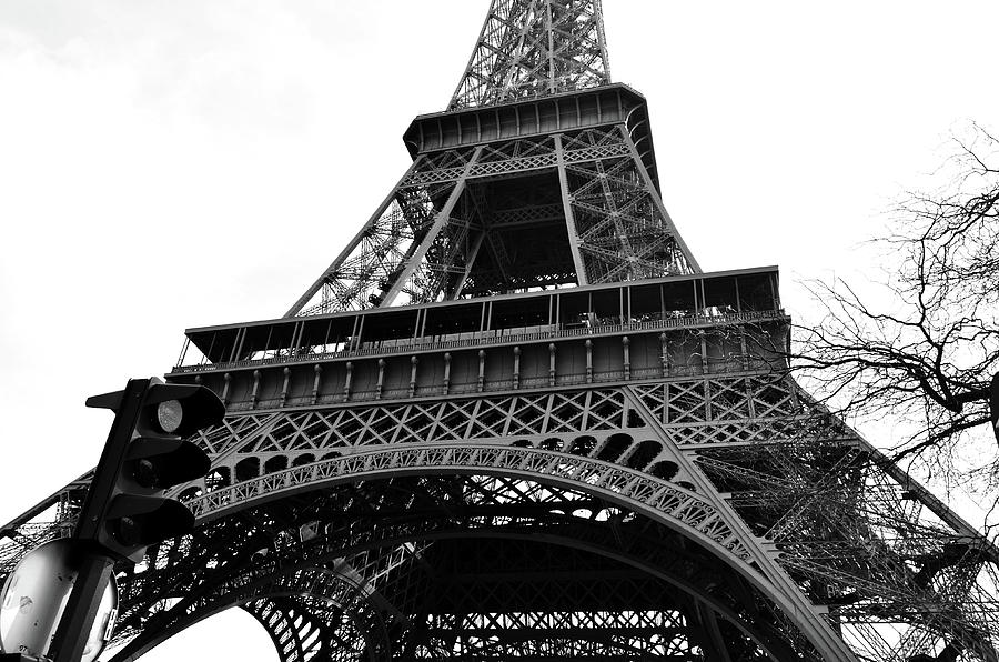 Eiffel Tower First and Second Floor Perspective with Red Stoplight Black and White Photograph by Shawn OBrien