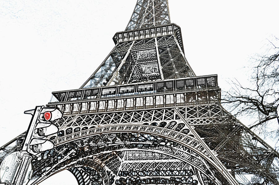 Eiffel Tower First and Second Floor Perspective with Red Stoplight Colored Pencil Digital Art Digital Art by Shawn OBrien