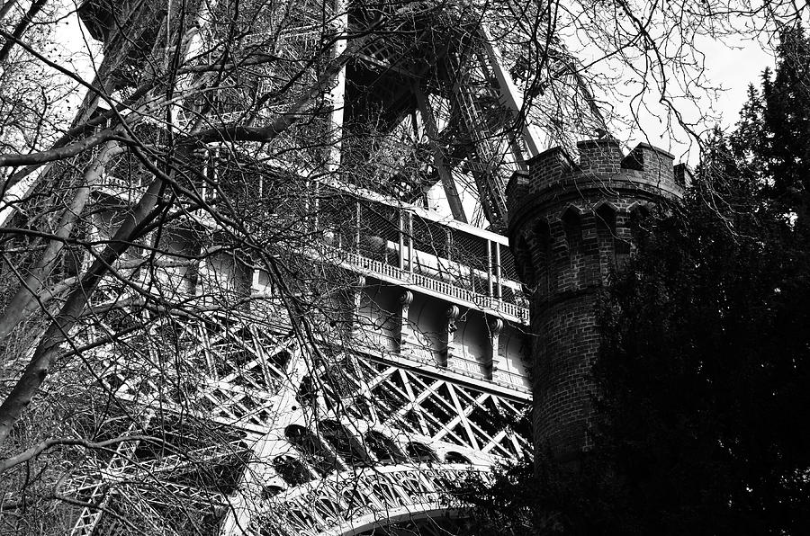 Eiffel Tower First Floor through Branches with Castellated Tower in Foreground Black and White Photograph by Shawn OBrien