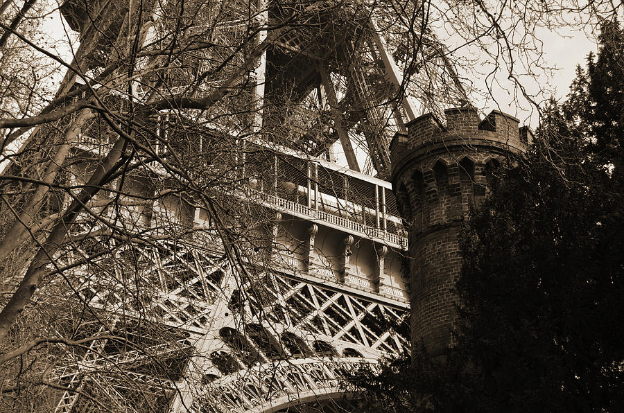 Eiffel Tower First Floor through Branches with Castellated Tower in Foreground Sepia Photograph by Shawn OBrien