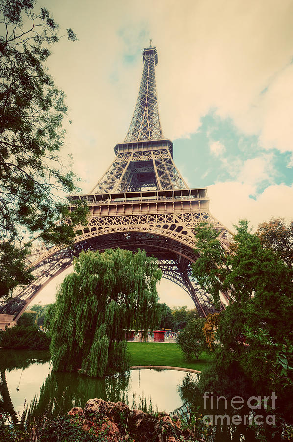 Eiffel Tower from Champ de Mars park in Paris, France. Vintage Photograph by Michal Bednarek