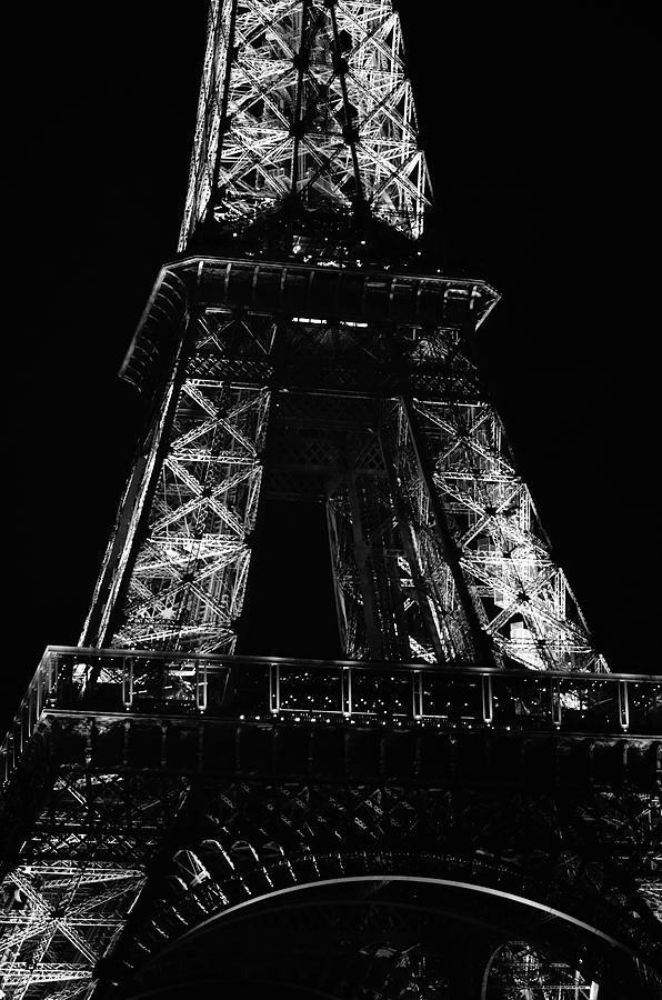 Eiffel Tower Illuminated at Night First and Second Decks Paris France Black and White Photograph by Shawn OBrien