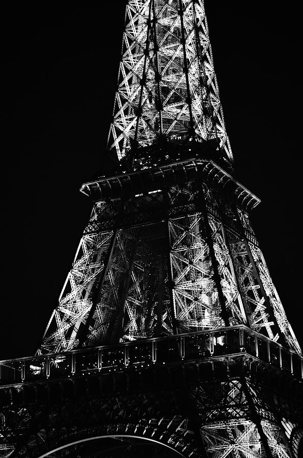 Eiffel Tower Illuminated Midsection at Night Paris France Black and White Photograph by Shawn OBrien