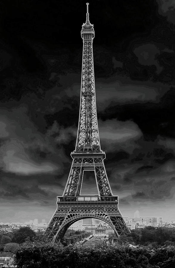 Eiffel Tower Paris France Neon Glow Bw Photograph