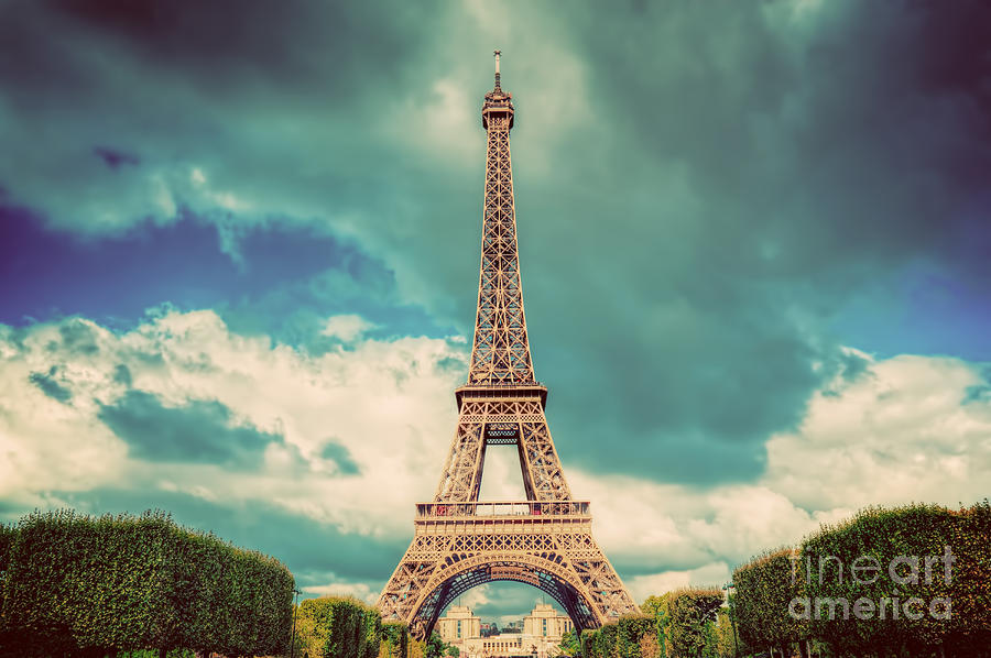 Eiffel Tower seen from Champ de Mars park in Paris, France. Vintage Photograph by Michal Bednarek