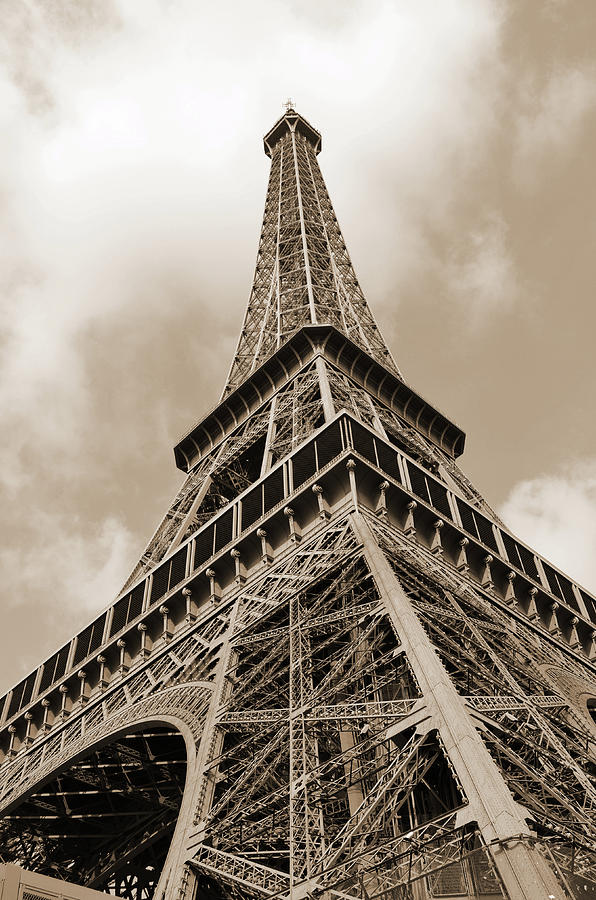 Eiffel Tower Sunlit Corner Perspective Paris France Sepia Photograph by Shawn OBrien