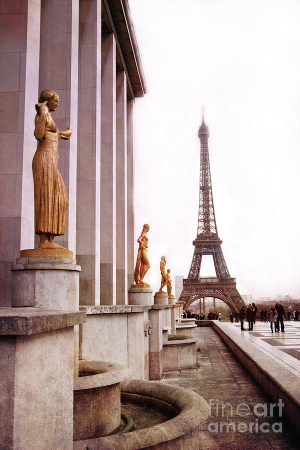 Eiffel Tower Trocadero View - Eiffel Tower Trocadero Gilded Golden Statues - Eiffel Tower Home Decor Photograph by Kathy Fornal
