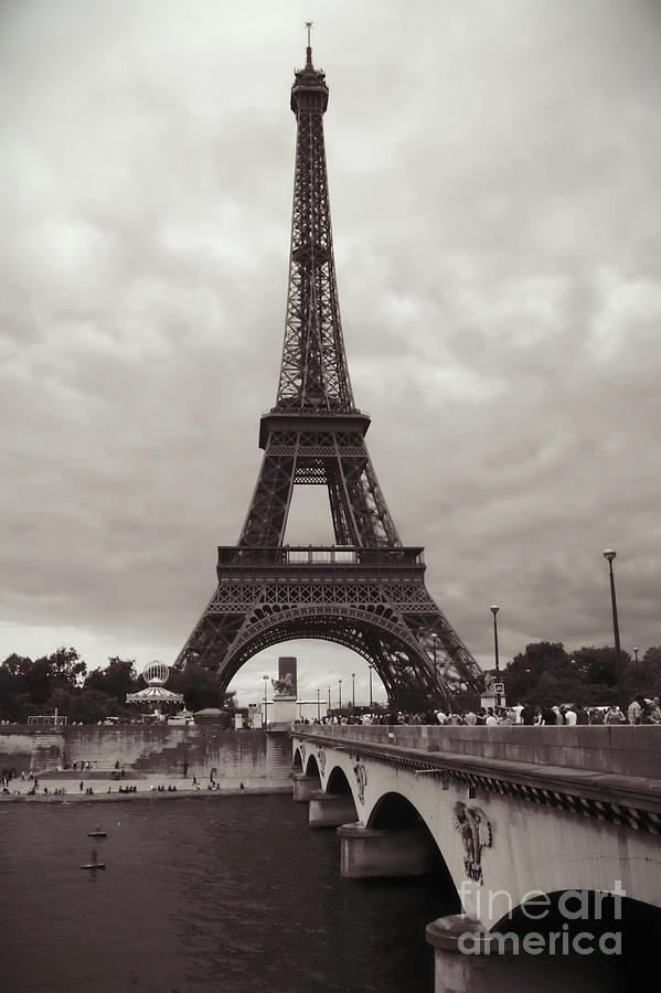 Eiffel Tower with Bridge in Sepia Photograph by Carol Groenen