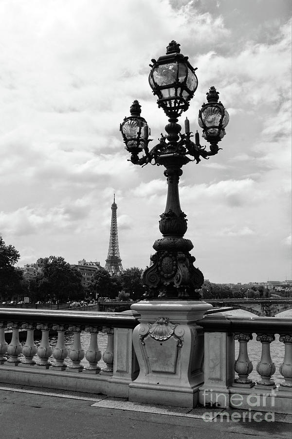 Eiffel Tower with Ornate Lamp - Black and White Photograph by Carol Groenen