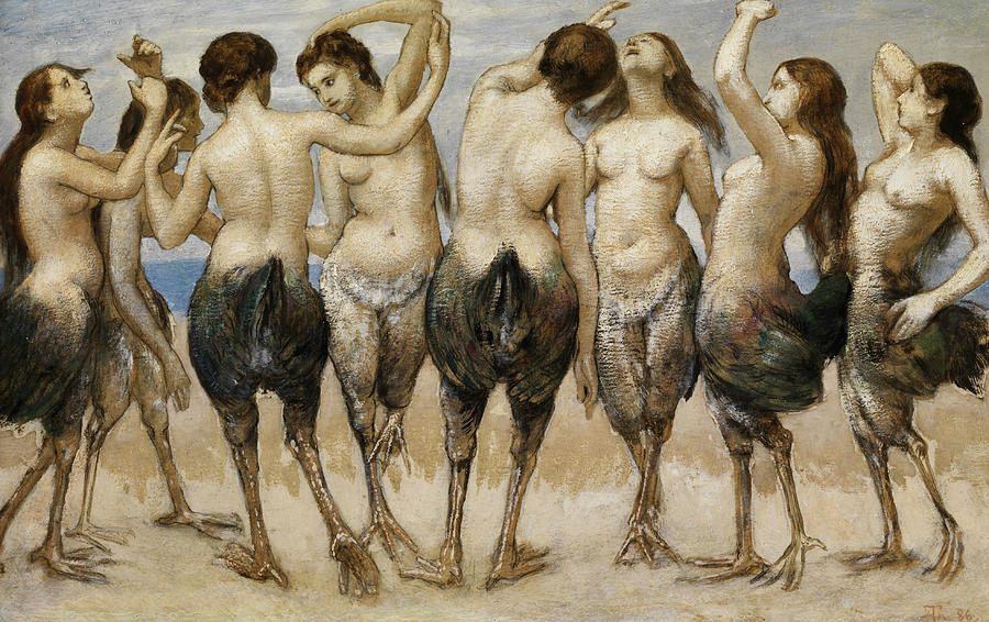 Eight Dancing Women in Bird Bodies Painting by Hans Thoma
