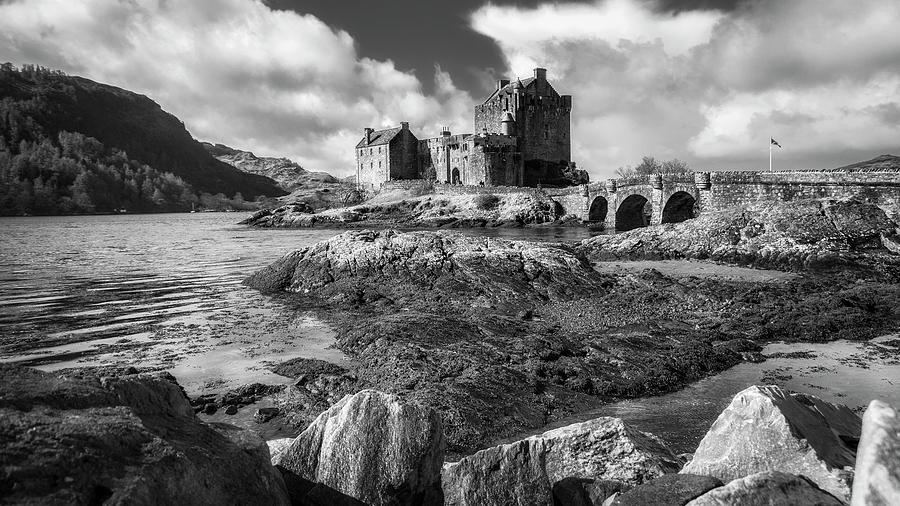 Eilean Donan Castle in black and white Photograph by Holly Ross