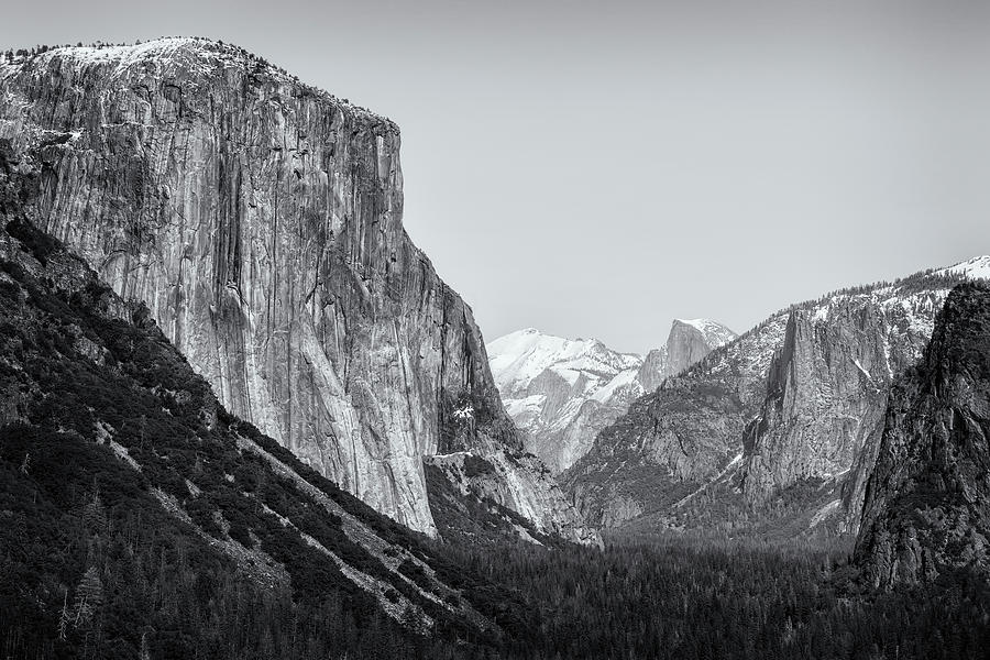 El Capitan, Half Dome and Sentinel Rock from Tunnel View bw Photograph by Belinda Greb