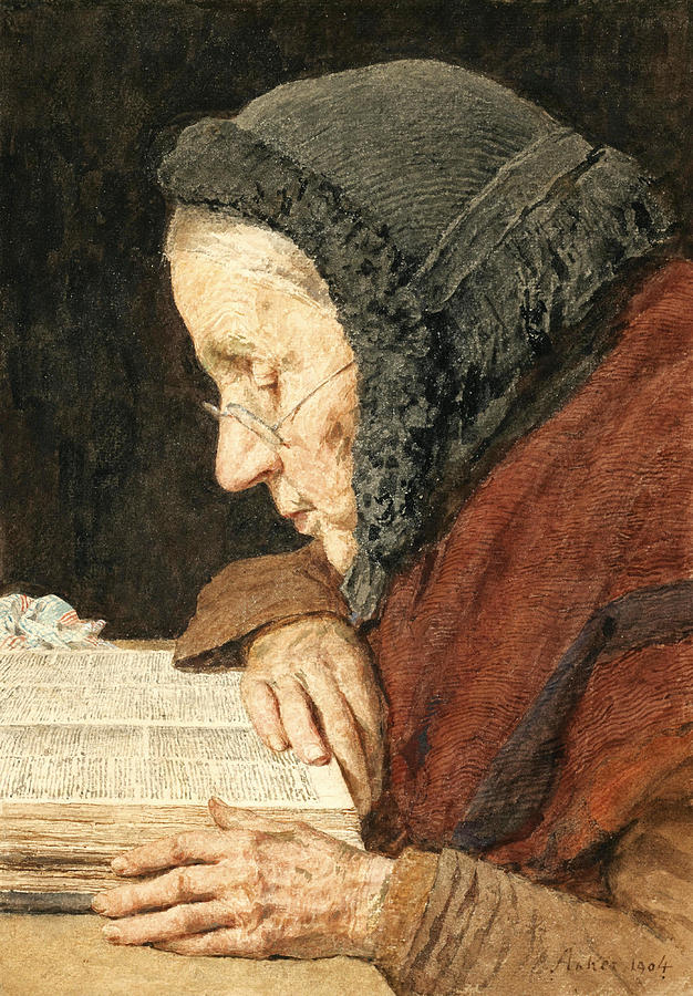 Elderly Woman Reading the Bible Drawing by Albert Anker
