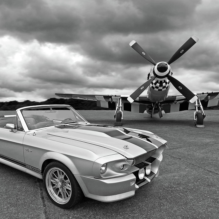 Mustang Photograph - Eleanor Mustang with P51 Black and White by Gill Billington