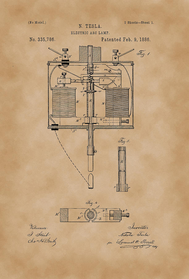 electric arc lamp nikola tesla patent drawing from 1886 vintage paper patently artful