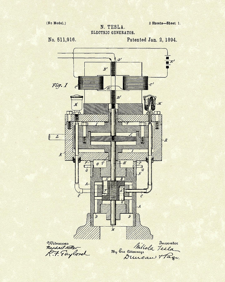 Tesla Drawing - Electric Generator 1894 Patent Art by Prior Art Design